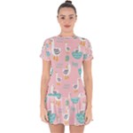 Cute Owl Doodles With Moon Star Seamless Pattern Drop Hem Mini Chiffon Dress