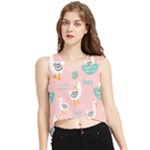 Cute Owl Doodles With Moon Star Seamless Pattern V-Neck Cropped Tank Top