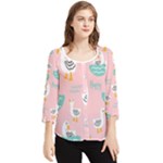 Cute Owl Doodles With Moon Star Seamless Pattern Chiffon Quarter Sleeve Blouse