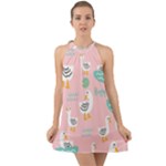 Cute Owl Doodles With Moon Star Seamless Pattern Halter Tie Back Chiffon Dress