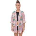 Cute Owl Doodles With Moon Star Seamless Pattern Open Front Chiffon Kimono