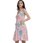 Cute Owl Doodles With Moon Star Seamless Pattern Sleeveless V-Neck Skater Dress with Pockets