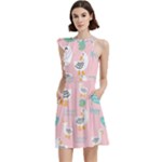 Cute Owl Doodles With Moon Star Seamless Pattern Cocktail Party Halter Sleeveless Dress With Pockets