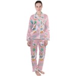 Cute Owl Doodles With Moon Star Seamless Pattern Women s Long Sleeve Satin Pajamas Set	