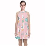 Cute Owl Doodles With Moon Star Seamless Pattern Velvet Halter Neckline Dress 