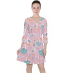Cute Owl Doodles With Moon Star Seamless Pattern Quarter Sleeve Ruffle Waist Dress