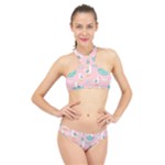 Cute Owl Doodles With Moon Star Seamless Pattern High Neck Bikini Set