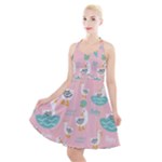 Cute Owl Doodles With Moon Star Seamless Pattern Halter Party Swing Dress 