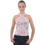 Cute Owl Doodles With Moon Star Seamless Pattern Cross Neck Velour Top