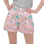 Cute Owl Doodles With Moon Star Seamless Pattern Women s Ripstop Shorts
