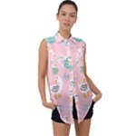 Cute Owl Doodles With Moon Star Seamless Pattern Sleeveless Chiffon Button Shirt