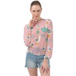 Cute Owl Doodles With Moon Star Seamless Pattern Banded Bottom Chiffon Top