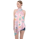 Cute Owl Doodles With Moon Star Seamless Pattern Halter Asymmetric Satin Top