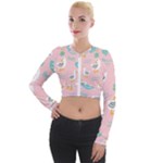 Cute Owl Doodles With Moon Star Seamless Pattern Long Sleeve Cropped Velvet Jacket