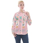 Cute Owl Doodles With Moon Star Seamless Pattern Women s Long Sleeve Pocket Shirt