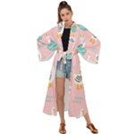 Cute Owl Doodles With Moon Star Seamless Pattern Maxi Kimono