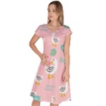 Cute Owl Doodles With Moon Star Seamless Pattern Classic Short Sleeve Dress