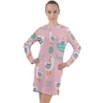 Cute Owl Doodles With Moon Star Seamless Pattern Long Sleeve Hoodie Dress