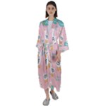 Cute Owl Doodles With Moon Star Seamless Pattern Maxi Satin Kimono