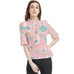 Cute Owl Doodles With Moon Star Seamless Pattern Frill Neck Blouse