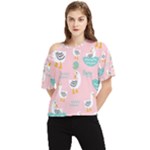 Cute Owl Doodles With Moon Star Seamless Pattern One Shoulder Cut Out T-Shirt