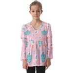 Cute Owl Doodles With Moon Star Seamless Pattern Kids  V Neck Casual Top