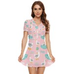 Cute Owl Doodles With Moon Star Seamless Pattern V-Neck High Waist Chiffon Mini Dress