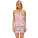 Cute Owl Doodles With Moon Star Seamless Pattern V-Neck Satin Pajamas Set