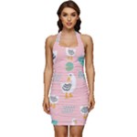 Cute Owl Doodles With Moon Star Seamless Pattern Sleeveless Wide Square Neckline Ruched Bodycon Dress