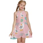 Cute Owl Doodles With Moon Star Seamless Pattern Kids  Halter Collar Waist Tie Chiffon Dress