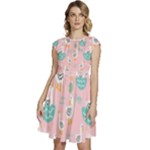 Cute Owl Doodles With Moon Star Seamless Pattern Cap Sleeve High Waist Dress