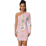Cute Owl Doodles With Moon Star Seamless Pattern Long Sleeve One Shoulder Mini Dress