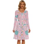 Cute Owl Doodles With Moon Star Seamless Pattern Long Sleeve Dress With Pocket
