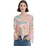 Cute Owl Doodles With Moon Star Seamless Pattern Trumpet Sleeve Cropped Top