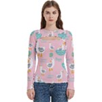 Cute Owl Doodles With Moon Star Seamless Pattern Women s Cut Out Long Sleeve T-Shirt