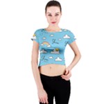 Seamless Pattern Vector Owl Cartoon With Bugs Crew Neck Crop Top