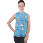 Sky Pattern Mock Neck Chiffon Sleeveless Top