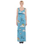 Seamless Pattern Vector Owl Cartoon With Bugs Thigh Split Maxi Dress
