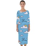 Seamless Pattern Vector Owl Cartoon With Bugs Quarter Sleeve Midi Bodycon Dress