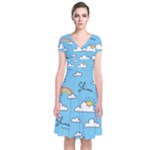 Seamless Pattern Vector Owl Cartoon With Bugs Short Sleeve Front Wrap Dress