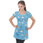 Seamless Pattern Vector Owl Cartoon With Bugs Puff Sleeve Tunic Top