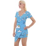 Seamless Pattern Vector Owl Cartoon With Bugs Short Sleeve Asymmetric Mini Dress