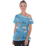 Seamless Pattern Vector Owl Cartoon With Bugs Off Shoulder Tie-Up T-Shirt