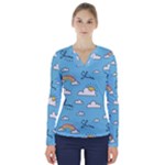 Seamless Pattern Vector Owl Cartoon With Bugs V-Neck Long Sleeve Top