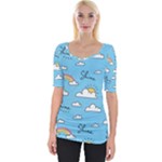 Seamless Pattern Vector Owl Cartoon With Bugs Wide Neckline T-Shirt