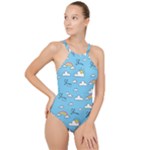 Sky Pattern High Neck One Piece Swimsuit