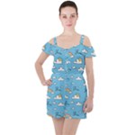 Sky Pattern Ruffle Cut Out Chiffon Playsuit