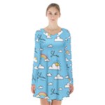Seamless Pattern Vector Owl Cartoon With Bugs Long Sleeve Velvet V-neck Dress