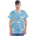Seamless Pattern Vector Owl Cartoon With Bugs Men s V-Neck Scrub Top