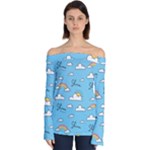 Seamless Pattern Vector Owl Cartoon With Bugs Off Shoulder Long Sleeve Top